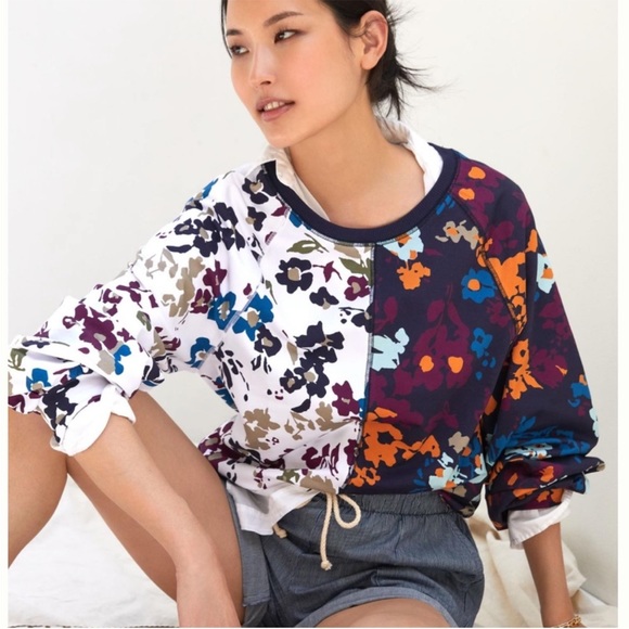 Anthropologie Maeve Half and Half Floral Color-Block Puff Sleeve Sweatshirt - Picture 1 of 4